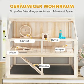 PawHut Klatka dla chomika z drewna 3 poziomy Klatka dla gryzoni z huśtawką, kołowrotkiem, domkiem 95 x 53 x 76 cm naturalne drewno | Aosom PL