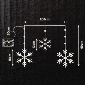 Kurtyna świetlna zewnętrzna Snowflakes, 200 x 60 cm, LED zimna biała timer, 8 funkcji, na baterie, 200 cm