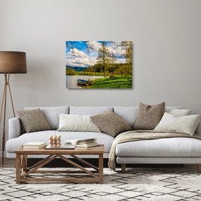 Obraz na szkle łodzi nad jeziorem (70x50 cm)