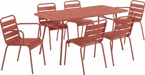 Metalowa jadalnia ogrodowa - stół dł.160 cm z 2 sztaplowanymi fotelami i 4 sztaplowanymi krzesłami - Terakota - MIRMANDE