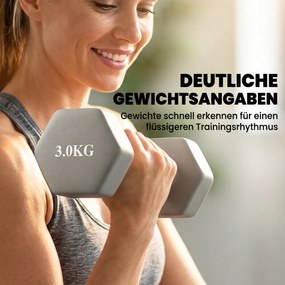 SPORTNOW Zestaw hantli 3 pary 1kg 3kg 5kg z drewnianym stojakiem, antypoślizgowy uchwyt, żeliwo, jasnoszary | Aosom PL