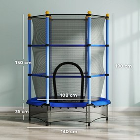 HOMCOM Trampolina dla Dzieci, Ø140 cm, z Siatką Bezpieczeństwa, do Wnętrz i na Zewnątrz, Stal, Plastik, Obciążenie do 50 kg, Niebieska
