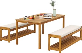 Outsunny Zestaw mebli ogrodowych 3 elem., Siedzisko z 1 stołem z otworem na parasol i 2 ławkami 150 x 85 x 75 cm Teak