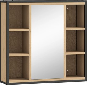 HOMCOM Szafka z lustrem do łazienki, 6 otwartych przegródek, 3-stopniowa półka, montaż ścienny, Dąb