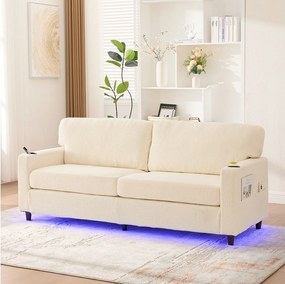 Nowoczesna sofa 2-osobowa - 203 x 77,5 x 85 cm - z USB-C + diodami LED + uchwytami na kubki i kieszeniami bocznymi - welur - beżowa