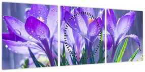 Obraz kwiatów w deszczu (z zegarem) (90x30 cm)