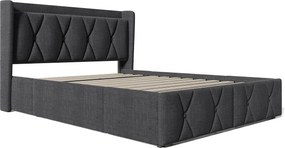 Łóżko dla dorosłych 140x200 cm – z zagłówkiem, portem USB, 4 szufladami, stelażem – szary len – materac w cenie