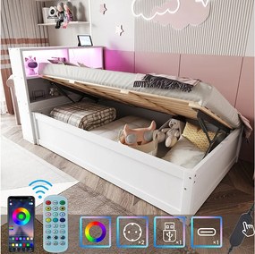 Łóżko z pojemnikiem 90x200 cm z oświetleniem LED i gniazdem USB, listwy drewniane, białe - bez materaca