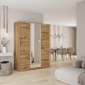 Szafa Przesuwna TARI 160 cm z Lustrem Szafa Trzydrzwiowa z Szufladami Dąb Wotan / Srebrne Profile