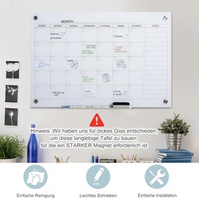 Vinsetto Tablica kalendarzowa ze szklanym klipsem i uchwytem na marker z gumką Biała 90x60 cm | Aosom PL