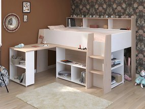 Łóżko piętrowe 90 x 200 cm z biurkiem i schowkami - Biały i naturalny + Materac - APOLINO