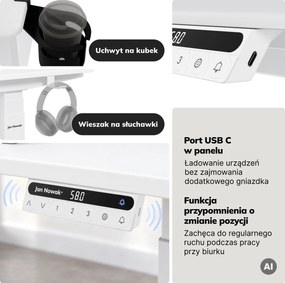 Biurko elektryczne z regulacją wysokości ergonomiczne białe,1400x700 mm: ARIA