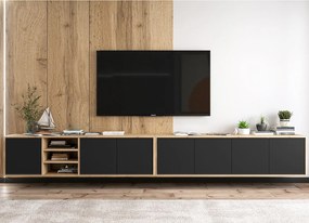 Szafka RTV z 7 drzwiami i 1 wnęką – korpus dąb wotan, fronty czarny mat – 300 cm