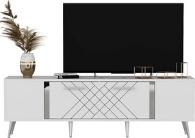 Nowoczesna szafka pod telewizor – 150 cm x 48,2 cm x 35 cm – Kolor biały i srebrny – Melamina