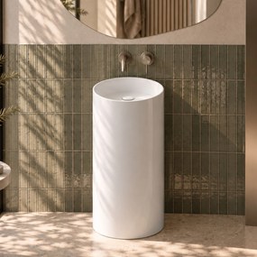 Umywalka z konglomeratu wolnostojąca okrągła biała matowa 87 x 44 cm KALMI WHITE MATT bez otworu na baterię : Kolor umywalki RONA - Biały połysk, Podłączenie syfonu - Do ściany