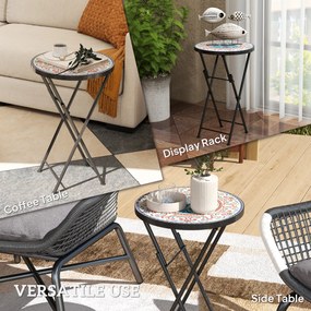 Outsunny Stolik ogrodowy z mozaiką, Składany okrągły stolik tarasowy z metalowym stelażem i ceramicznym blatem, Wzór mozaikowy, Wielobarwny