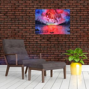 Obraz na szkle - Pojawienie się kosmicznych koni nad jeziorem, akwarela (70x50 cm)