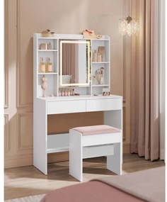 Vasagle Tapicerowany taboret/krzesło VELVET do toaletki, 45×45×28,6 cm, biały/różowy