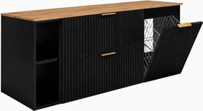 Zestaw szafek łazienkowych z koszem na pranie, Czarny / Blat Dąb Craft / Uchwyty Złote, 140 x 57 x 46 cm