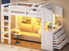 Łóżko antresola 90x200cm - z 3 szufladami i półkami - Oświetlenie LED - MDF - Biały (materac nie w zestawie)