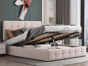 Łóżko z tapicerowanym stelażem - 140x200cm - tkanina welurowa - regulowane wezgłowie w wzór blokowy - Kremowy