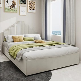 Łóżko z pojemnikiem 140 x 200 cm - Łóżko dla dorosłych z miękkim zagłówkiem i pojemnikiem - beżowy aksamit holenderski - materac nie jest wliczony w cenę