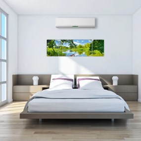 Obraz letniej rzeki z łodzią (170x50 cm)