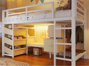 Łóżko na antresoli 90x200cm - z 2 szufladami - z materiałowymi kieszeniami do przechowywania - z oświetleniem LED - biały​ (materac nie jest wliczony w cenę)