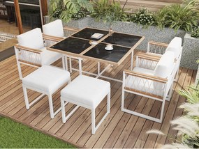 Zestaw jadalniany ogrodowy na 6 osób, stół ze szkła hartowanego, konstrukcja z żelaza ocynkowanego, 4 krzesła, 2 taborety, 1 stół, Biały