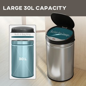 HOMCOM 30 L Kosz na śmieci z czujnikiem z funkcją Soft-Close, bezdotykowy kosz na odpady ze stali nierdzewnej do higienicznych kuchni