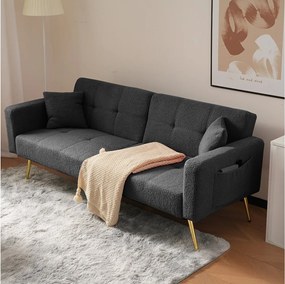 Sofa rozkładana 2-osobowa z funkcją spania w tkaninie Sherpa - 175 x 64 x 72 cm - Złote metalowe nogi - Szara