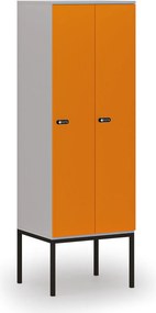 Drewniana szafa ubraniowa S4 z podstawą, 2-drzwiowa, 1871 x 600 x 500 mm, demontaż, zamek mechaniczny z kodem, szary/pomarańczowy