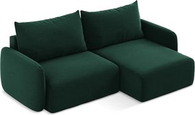 Ciemnozielony aksamitny rozkładany/ze schowkiem narożnik (prawostronny/z szezlongiem) Kalena – Makamii