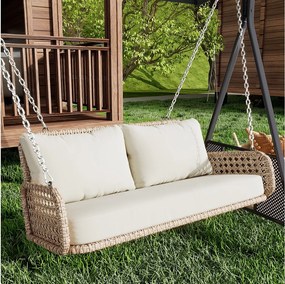 Huśtawka ogrodowa z rattanu PE 2-osobowa, huśtawka ogrodowa - z poduszkami i 2 łańcuchami - 112 x 54 x 48 cm - Beżowa