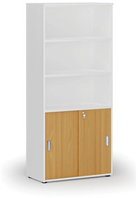 Szafa biurowa kombinowana PRIMO WHITE, drzwi przesuwne na 2 poziomach, 1781 x 800 x 420 mm, biały/buk