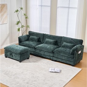 Sofa 3-osobowa z pufem - Narożnik z uchwytem na telefon i kieszeniami bocznymi - Szmaragdowo zielony szenil