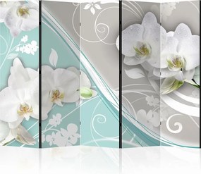 Parawan pokojowy 5-częściowy 225x172 Dwustronny dekoracyjny glamour romantyczny Szary Białe Orchidee Z Rosą