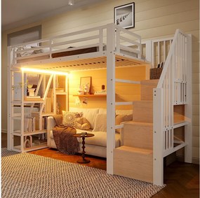 Łóżko piętrowe dla dzieci - 90 x 200 cm - rama żeliwna - ze schodami i półką do przechowywania + diody LED - płyta MDF + metal - białe