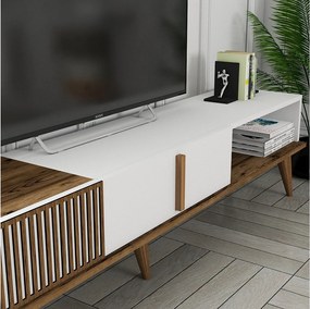 Elegancka szafka pod telewizor – 180 x 40 x 35 cm – orzech i biel – płyta wiórowa pokryta melaminą w 100%