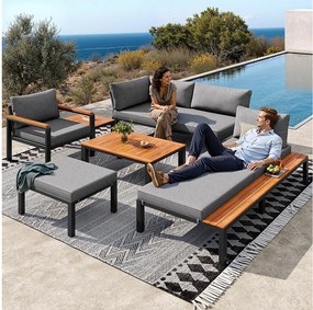 Modułowy zestaw salonu ogrodowego - na 6-7 osób - konstrukcja z żelaza ocynkowanego - ze stolikiem kawowym i podnóżkiem - Szary