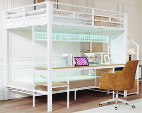 Piętrowe łóżko z metalu 90x200cm + 140x200cm - z biurkiem - oświetlenie LED - z gniazdkiem elektrycznym - z 2 szufladami - biały​ (materac nie jest wliczony w cenę)