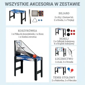 SPORTNOW Stół do gier 5 w 1, bilard, tenis stołowy, hokej, koszykówka, łucznictwo, akcesoria w zestawie, MDF, tworzywo sztuczne, niebieski