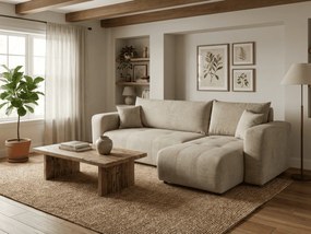 Beżowa rozkładana narożna sofa SORELA, dwustronna + 2 poduszki GRATIS