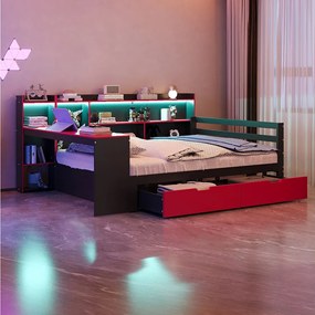 Drewniana sofa dziecięca z funkcją spania - 140 x 200 cm - z biurkiem + regałem + półkami + diodami + gniazdkami - czarna + czerwona