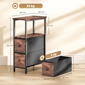 HOMCOM Stolik kawowy/stolik boczny ze stacją ładującą, stalowa rama, 2 szuflady z tkaniny, otwarta półka, 20cm x 40cm x 63cm, Rustykalny brąz | Aosom PL