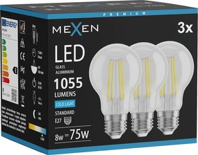 Mexen Vintis 3x żarówka filament LED E27, A60, 8W, Zimna - 6500K, 1055 lm, clear - L150-E27-0865-00x03