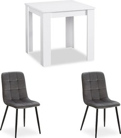 Stół jadalniany 80x80x75 cm biały z 2 krzesłami szary welur