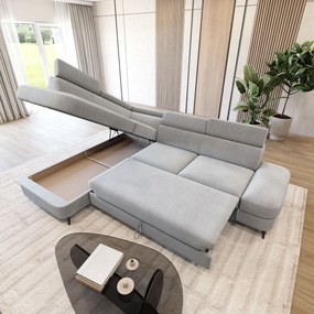 Masseno Narożnik AVISE z funkcją spania i pojemnikiem na pościel Narozniki L, Rozkładana sofa - Jasnoszary, MATT VELVET 83