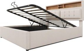 Łóżko z pojemnikiem 160x200 cm z tkaniny lnianej - regulowane wezgłowie z gniazdami - z stelażem na listwy - Beżowe