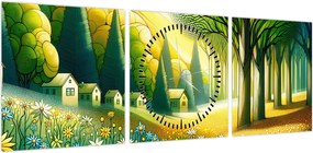 Obraz - Wieś w żółto-zielonym (z zegarem) (90x30 cm)